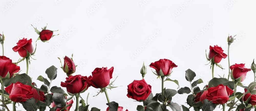 Sticker On a white background there are lovely red roses and a frame There is space for text copyspace