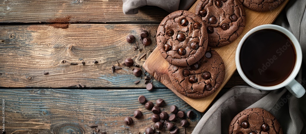 Poster double chocolate cookies with chips arranged on a board alongside a cup of coffee. copy space image.