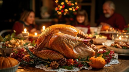 A festive Thanksgiving dinner featuring a golden turkey centerpiece, surrounded by warm decorations and loved ones enjoying the feast.