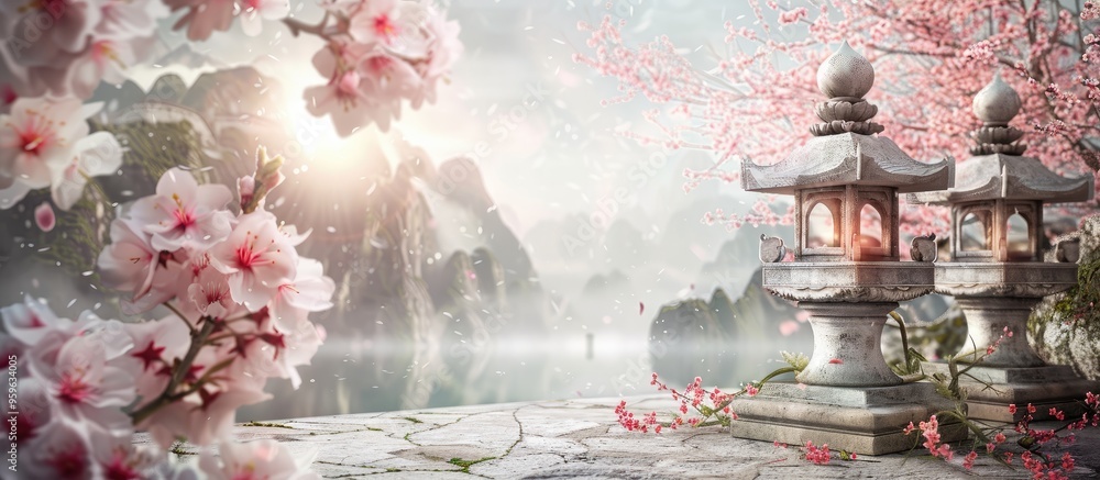 Poster scenery featuring stone lanterns and cherry blossoms. copy space image. place for adding text and de