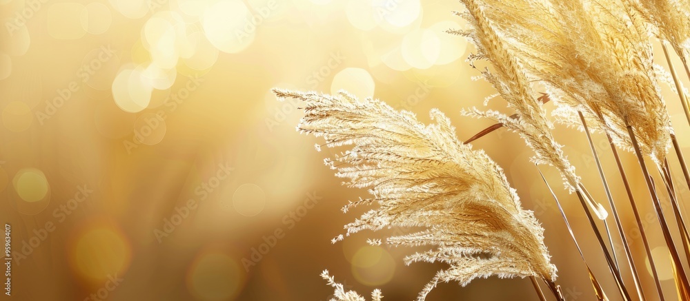 Poster pampas grass branch on a golden background natural backdrop. copy space image. place for adding text