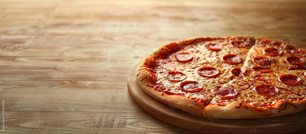 Poster delicious pizza on a wooden surface. copy space image. place for adding text and design