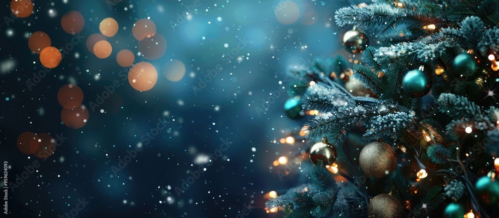 Poster christmas tree and decorations against a backdrop of lights with space for text. copy space image. p