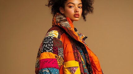 Vibrant Oversized Puffer Coat Poster: Explore Bold Patterns in Orange and Yellow, Perfect for Sporty Interiors!