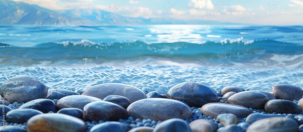 Canvas Prints Seascape wet rounded pebbles in the foreground are washed by a wave from the blue sea and mountain hills can be seen in the distance on the horizon. Copy space image. Place for adding text and design