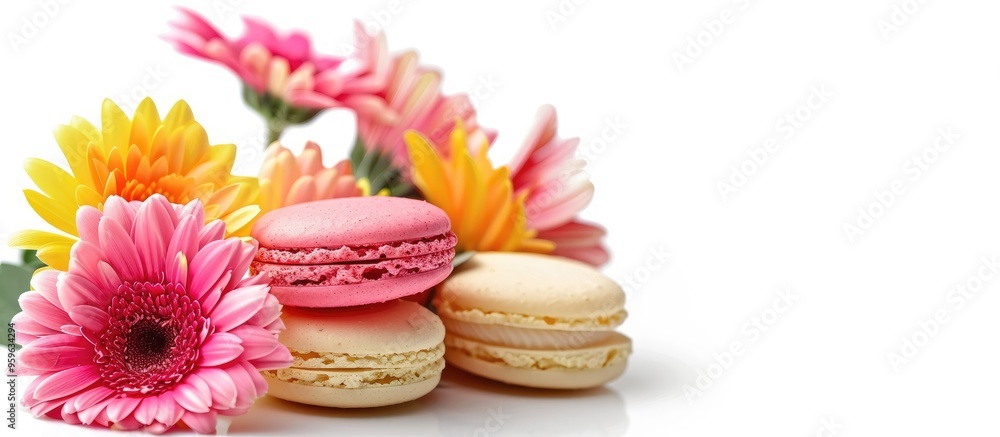 Poster colorful macaroons and a bouquet of gerberas isolated on a white background. copy space image. place