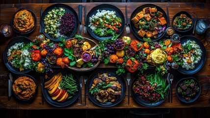 A vibrant display of assorted dishes featuring colorful vegetables and fresh ingredients, perfect for any culinary project.