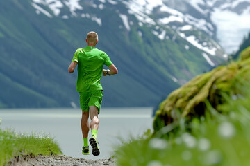 Obraz premium A man is running in a green shirt and shorts. The background is a beautiful mountain range with snow on the top. The man is running on a dirt road near a lake