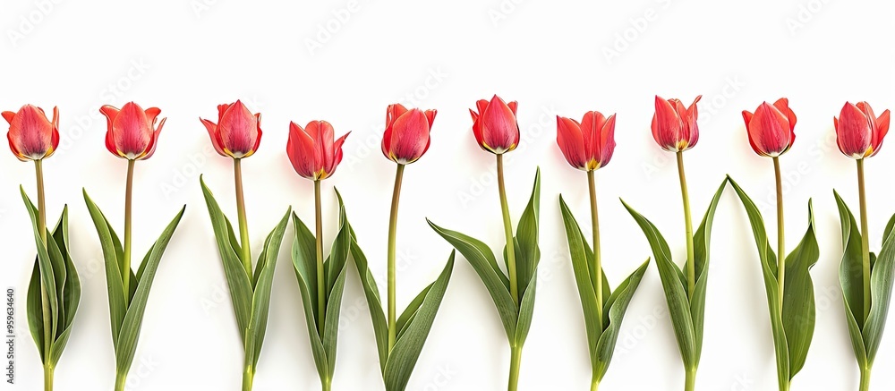 Poster a row of tulip flowers isolated on a white background. copy space image. place for adding text and d