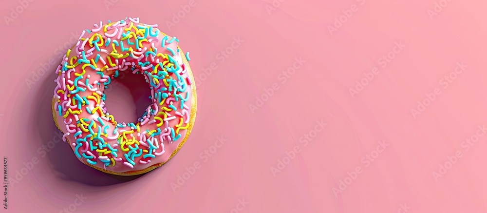 Poster donut topped with colorful noodles sweet two tone background with a top view. copy space image. plac