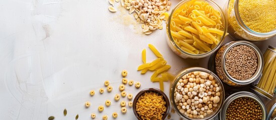 Collection of raw cereals grains pasta and canned food on a white table Copyspace Top view