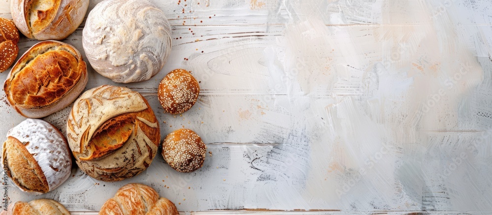 Poster assorted crusty breads and buns on a white wooden table top view with room for your text. copy space