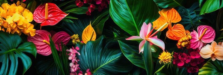 This arrangement showcases a stunning collection of tropical flowers, including vibrant orchids, birds of paradise, and anthuriums. Generative AI