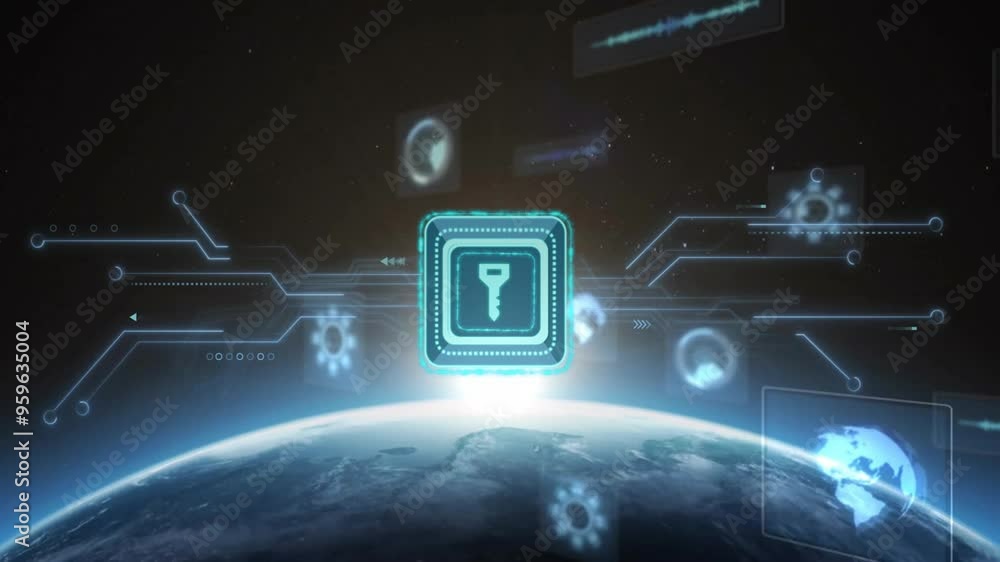 Poster digital security key animation over earth with futuristic interface elements
