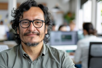Obraz premium Portrait of a Latino businessman with glasses is smiling at the camera in the foreground. In the background, out of focus, the office with his team working can be seen.