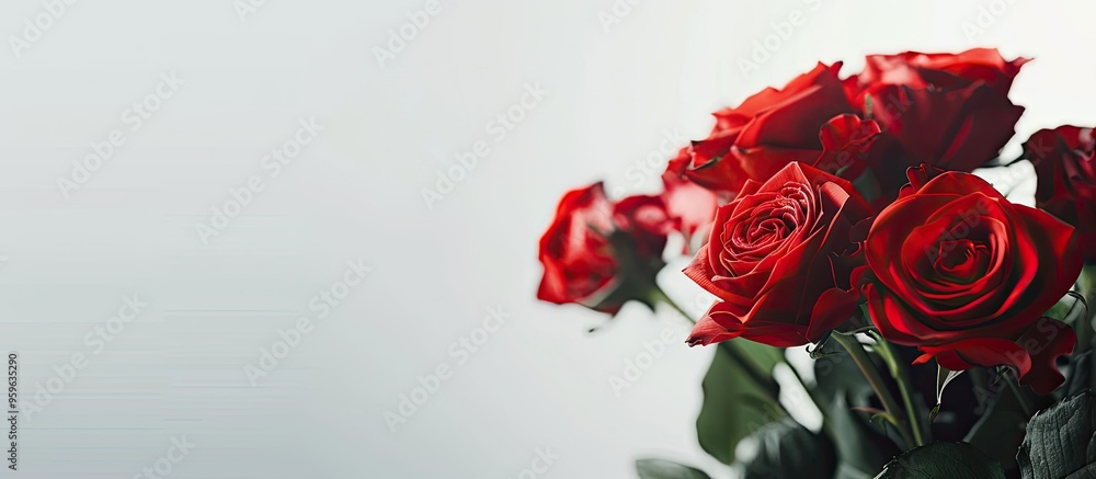 Poster close up of a festive bouquet of red roses against a light background seen from the side. copy space