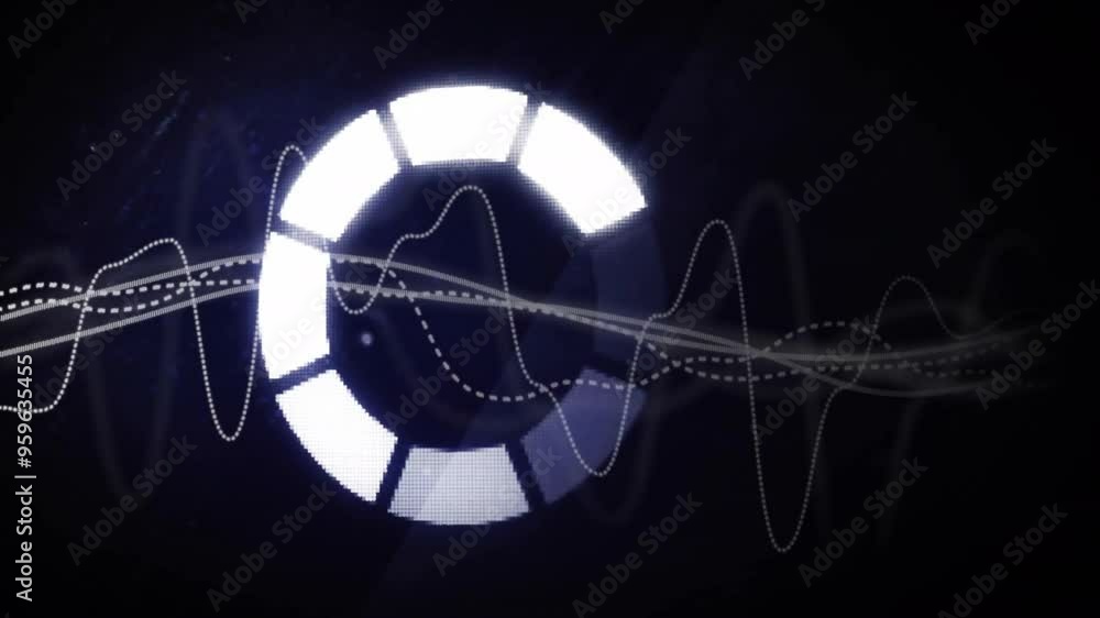 Poster circular loading animation over sound waves and dark background