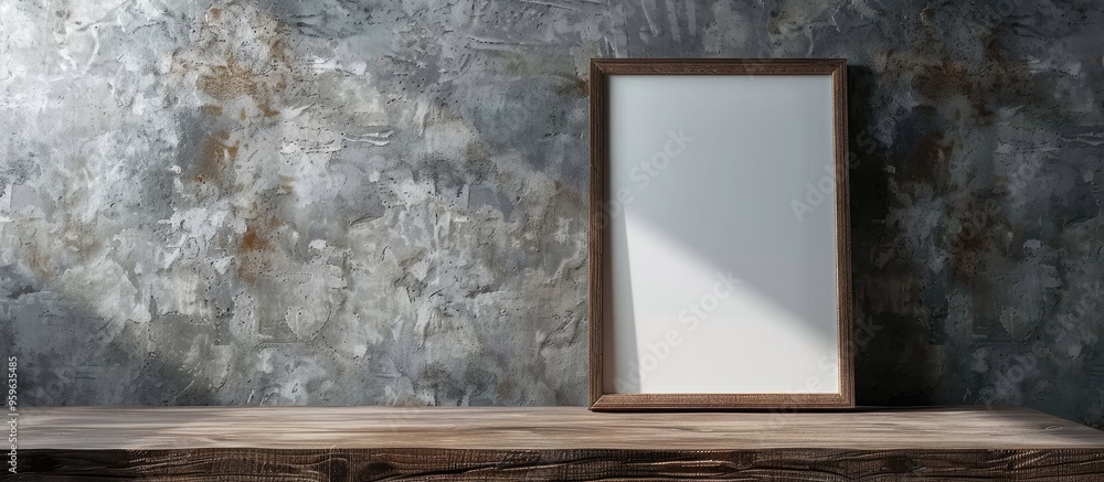 Aufkleber photo frame on a wooden surface against a gray wall background. copy space image. place for adding t