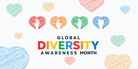 Global Diversity Awareness Month. Hand and heart. Great for cards, banners, posters, social media and more. White background.