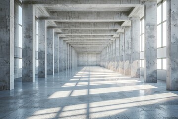 Fototapeta premium Modern huge concrete material empty hall with big white glowing windows.