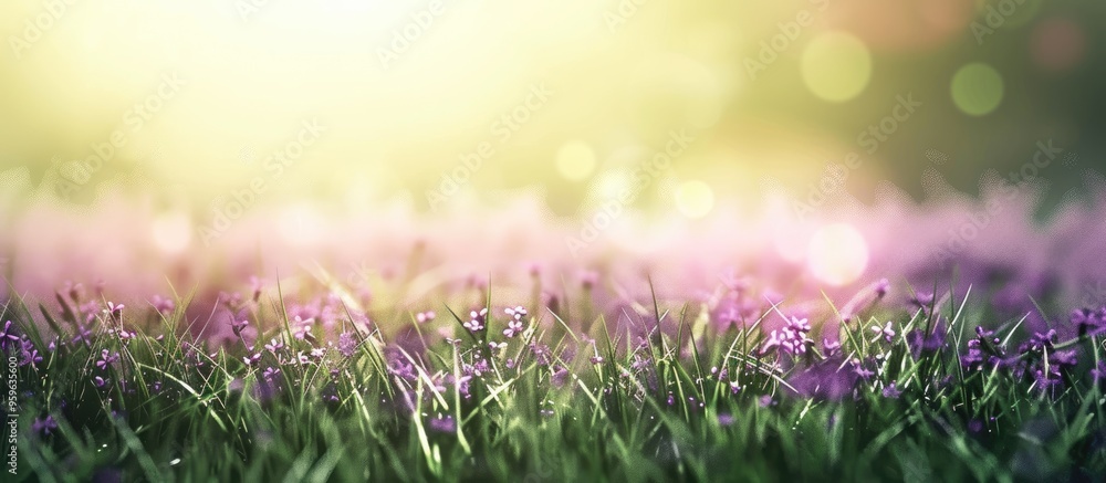 Poster blurred background image of a green field featuring purple. copy space image. place for adding text 
