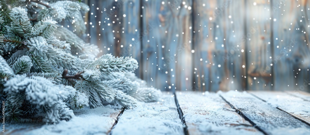 Poster christmas backdrop featuring snow and an old wooden plank covered in snow a white snowy branch of co