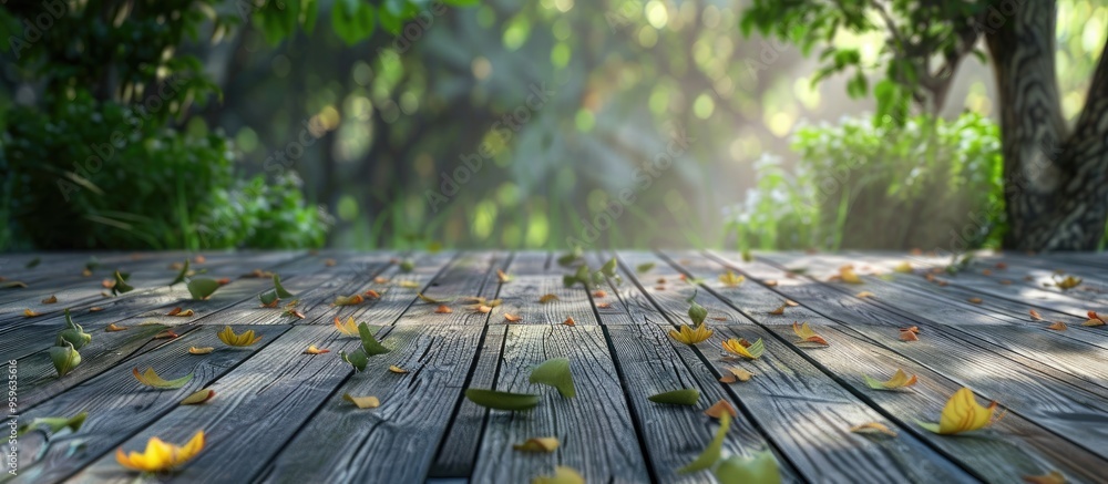 Aufkleber arrange the leaves on the wooden floor. copy space image. place for adding text and design