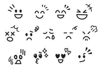 さまざまな表情の手書きのかわいい絵文字・顔文字　輪郭なし　黒