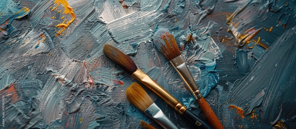 Poster paintbrushes resting on a painted surface. copy space image. place for adding text and design