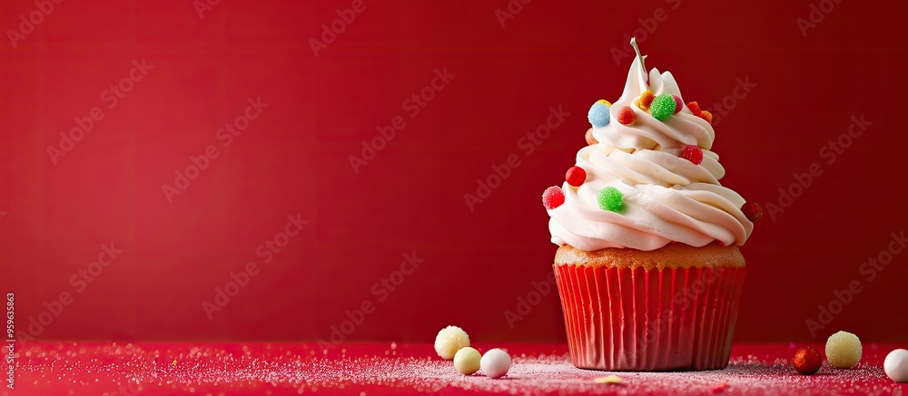Poster birthday cupcake topped with whipped cream adorned with colorful sugar balls and a blown out birthda
