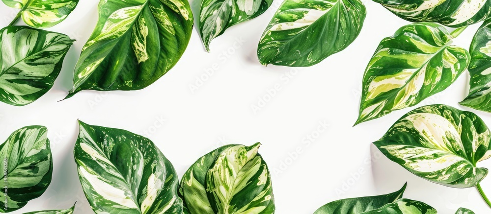 Poster leaves from house plants set against a white background. copy space image. place for adding text and