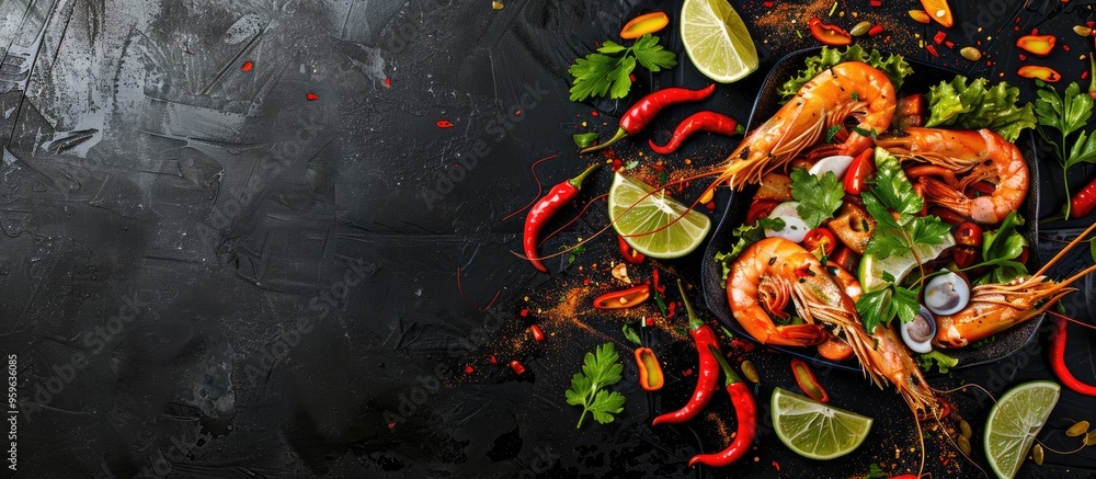 Poster assorted tasty seafood with salad and lime slices against a black background. copy space image. plac