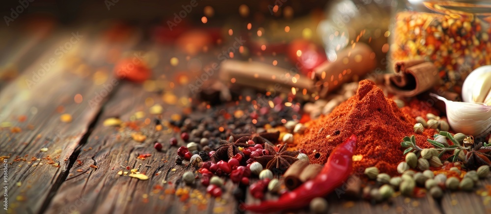Poster a close up of various vibrant spices from around the world on a wooden table. copy space image. plac