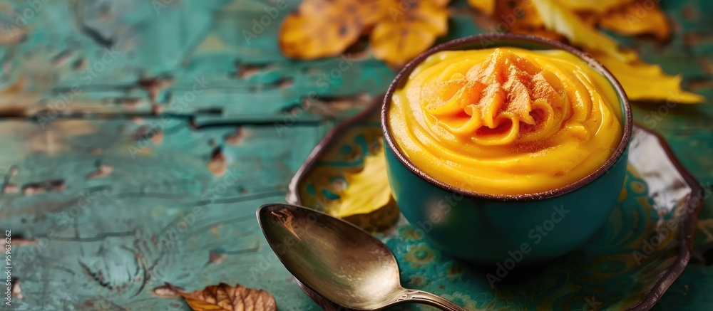Poster delicious pumpkin pudding on a green wooden surface with room for text. copy space image. place for 