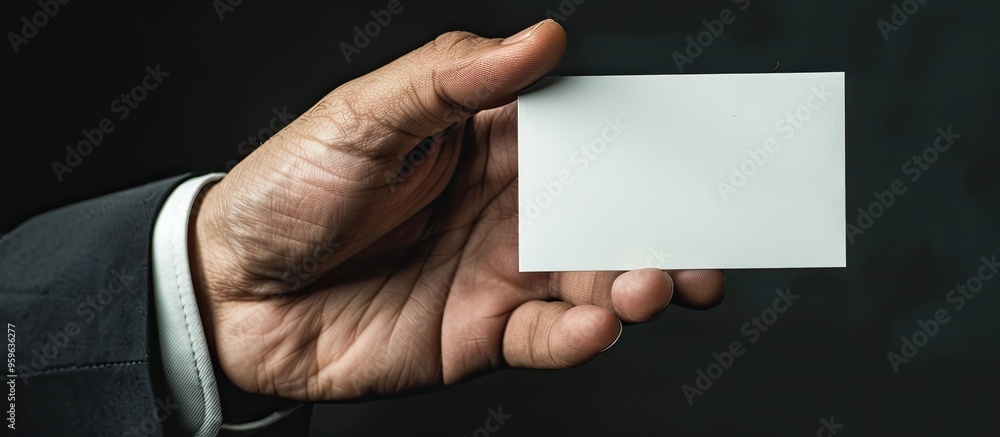 Aufkleber close up of a man s hand holding a white blank business card that has space for text. copy space ima