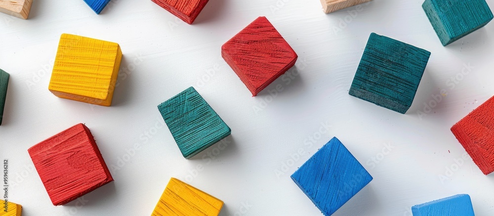 Poster concept of creative and logical thinking various colorful wooden shape blocks on a white background 