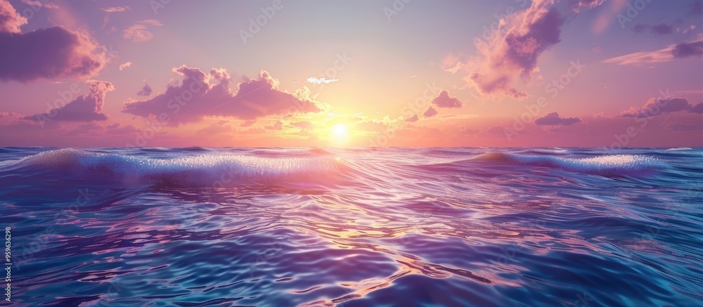 Sticker Sunset seascape with waves in the sea a blue and purple sky during the golden hour by the beach in the summer season featuring a horizon line. Copy space image. Place for adding text and design