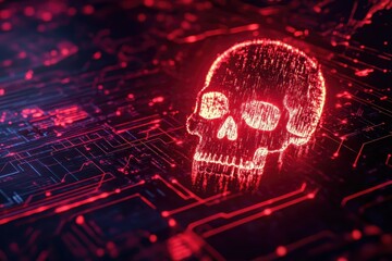 menacing image of a glowing red skull symbol appearing on a computer screen, warning of a cyberattack with copy space. Perfect for cybersecurity, technology, and danger themes. 