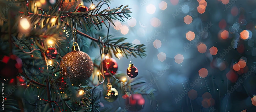 Poster spruce branches adorned with christmas ornaments and lights selective focus. copy space image. place