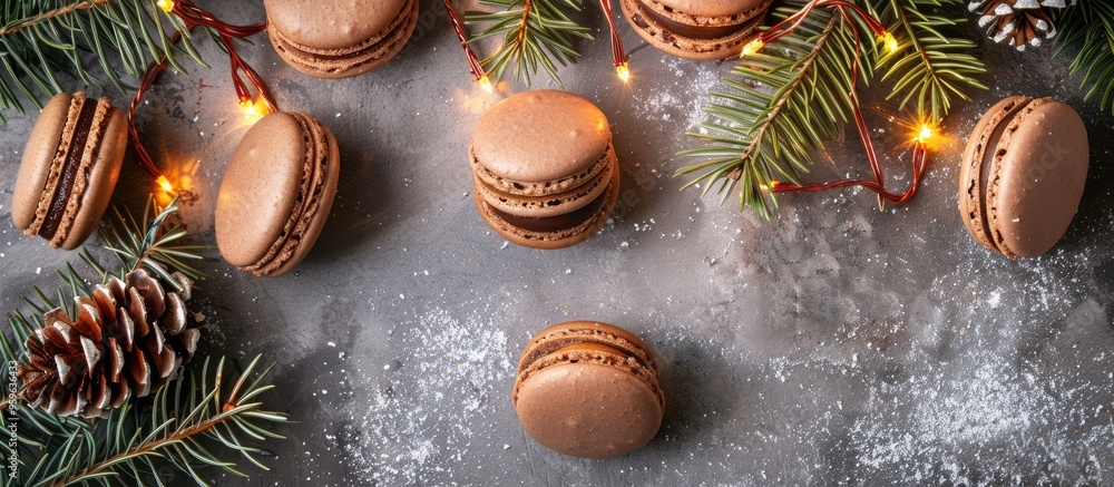 Poster christmas macaroons on a gray background concept for christmas or new year holidays fir tree and gar