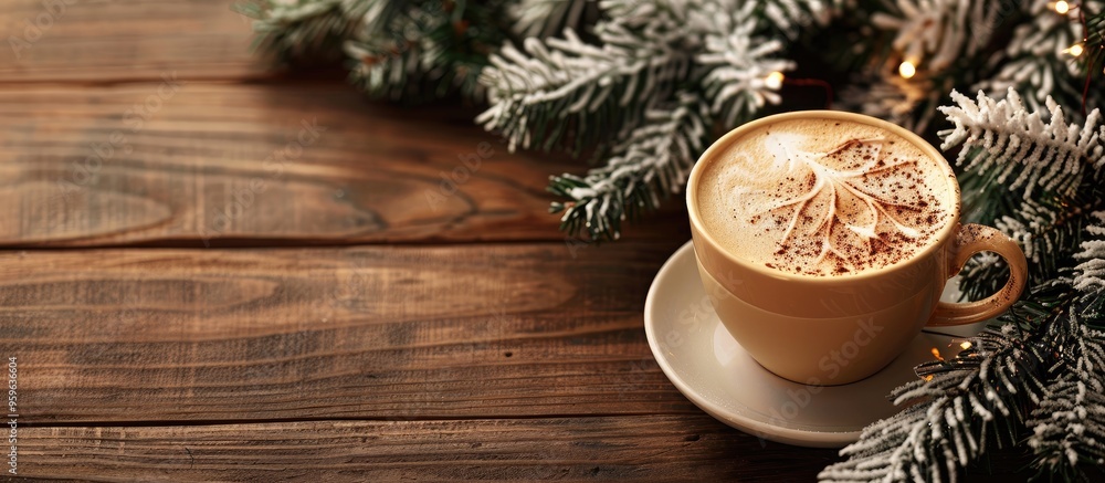 Poster cappuccino in a cup on a wooden background with a tree symbolizing christmas from a top view copy sp