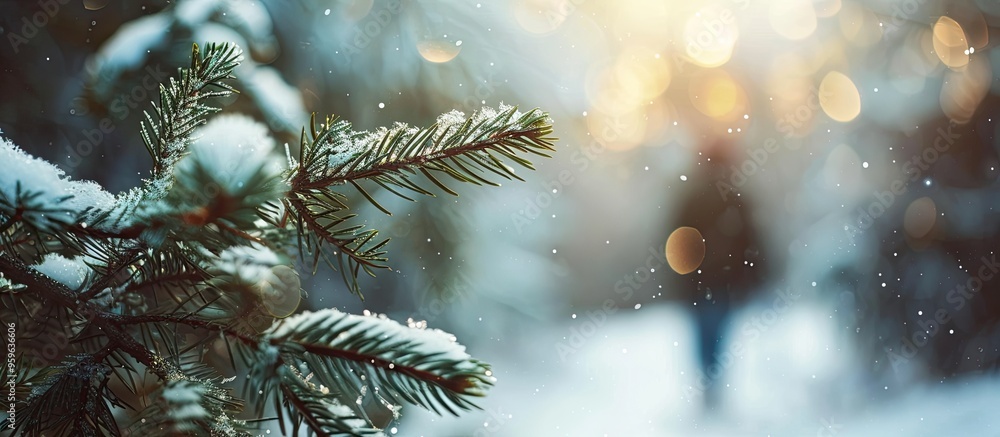 Poster selective focus on a fir tree branch in a snowy forest with a traveler in the background. copy space