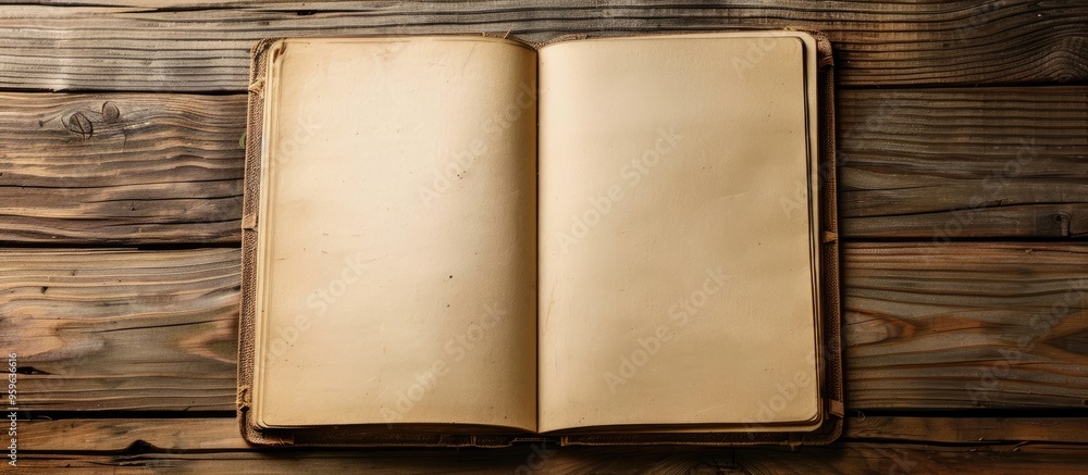 Poster image for business open notebook blank notebook lying flat on wooden background. copy space image. p