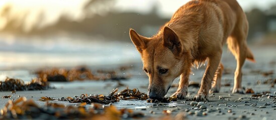 A stray dog is sniffing seaweed on the beach while looking for food Copy space