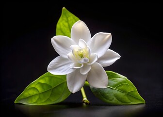 Obraz premium Photo image of a single white jasmine flower in bloom, isolated on a black background with gentle lighting.
