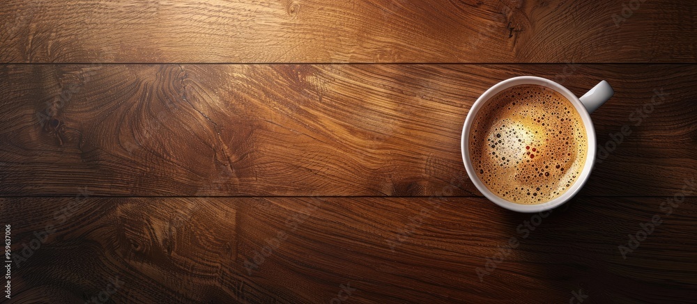 Poster top view of hot coffee featuring foam on wooden decor. copy space image. place for adding text and d
