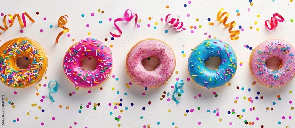 Poster rows of vibrant donuts topped with sprinkles and various fillings on a white background alongside co