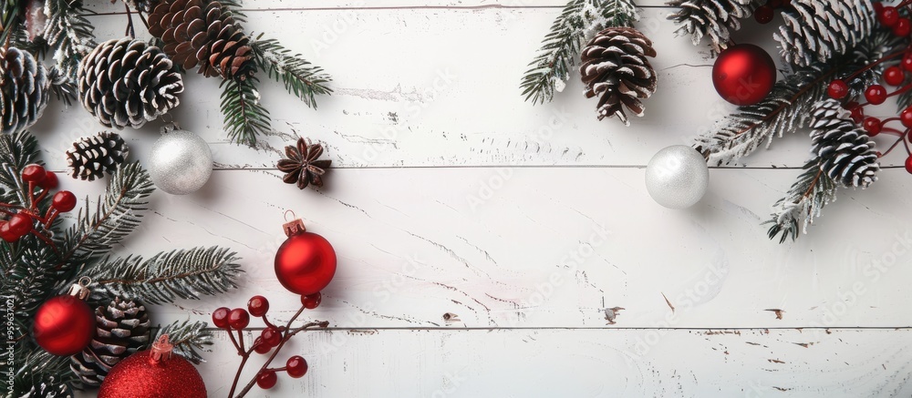 Aufkleber red christmas ornaments pine and cypress cones along with twigs on a white wooden table. copy space 