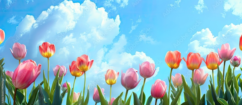 Poster vibrant tulips set against a blue sky adorned with white clouds. copy space image. place for adding 
