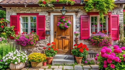 a photo image of a charming small wooden house with a bright pink door, white shutters, and a tiny garden with colorful flowers